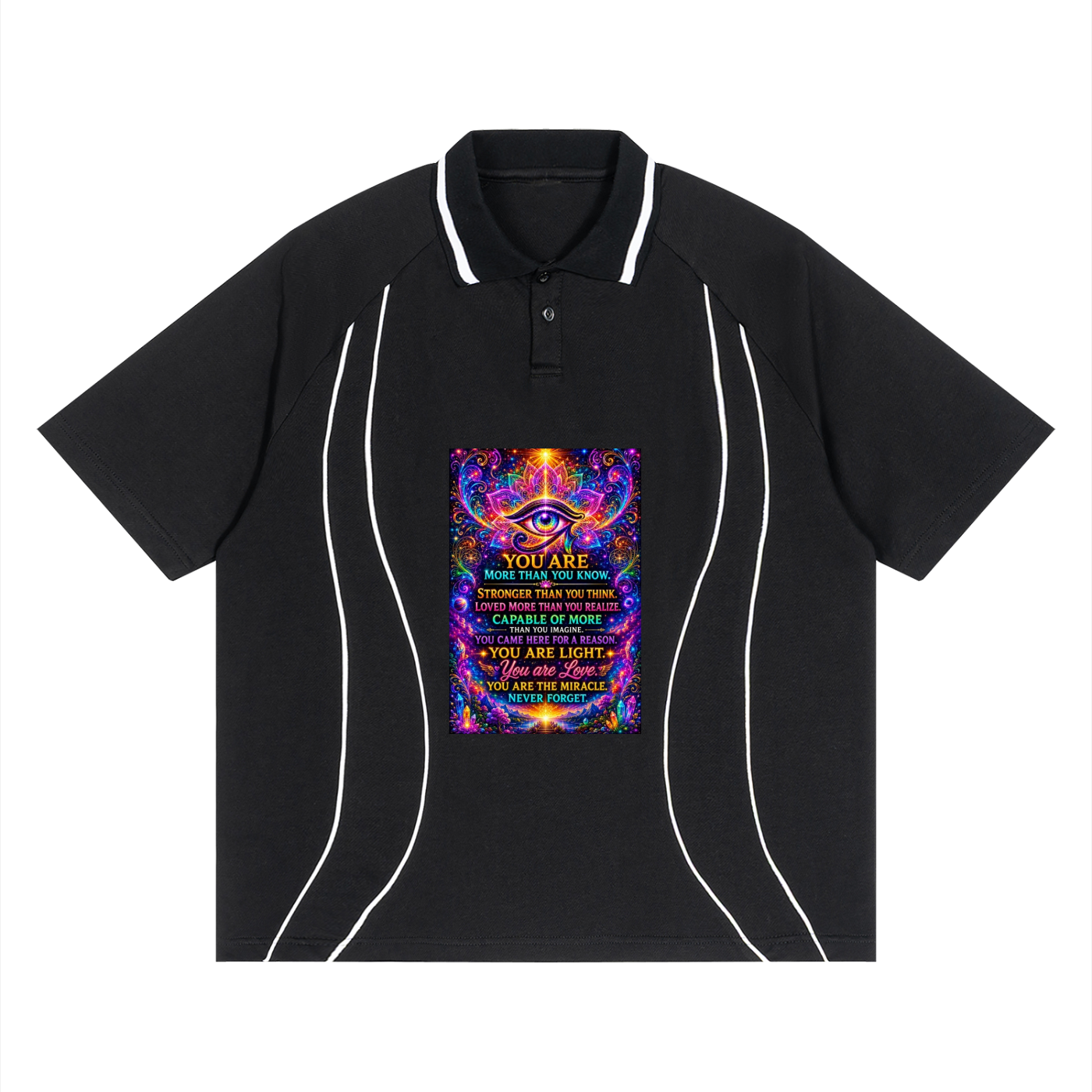 A black short-sleeve polo shirt with white contrast piping along the collar and side seams, featuring a colorful cosmic text graphic on the chest that reads 'YOU ARE YOU ARE LIGHT YOU ARE LOVE' around an eye illustration.