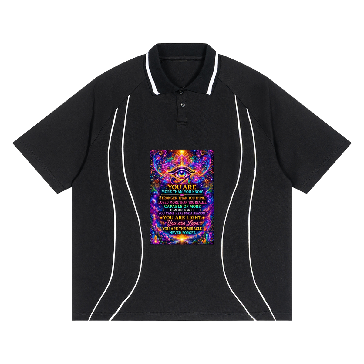 A black short-sleeve polo shirt with white contrast piping along the collar and side seams, featuring a colorful cosmic text graphic on the chest that reads 'YOU ARE YOU ARE LIGHT YOU ARE LOVE' around an eye illustration.