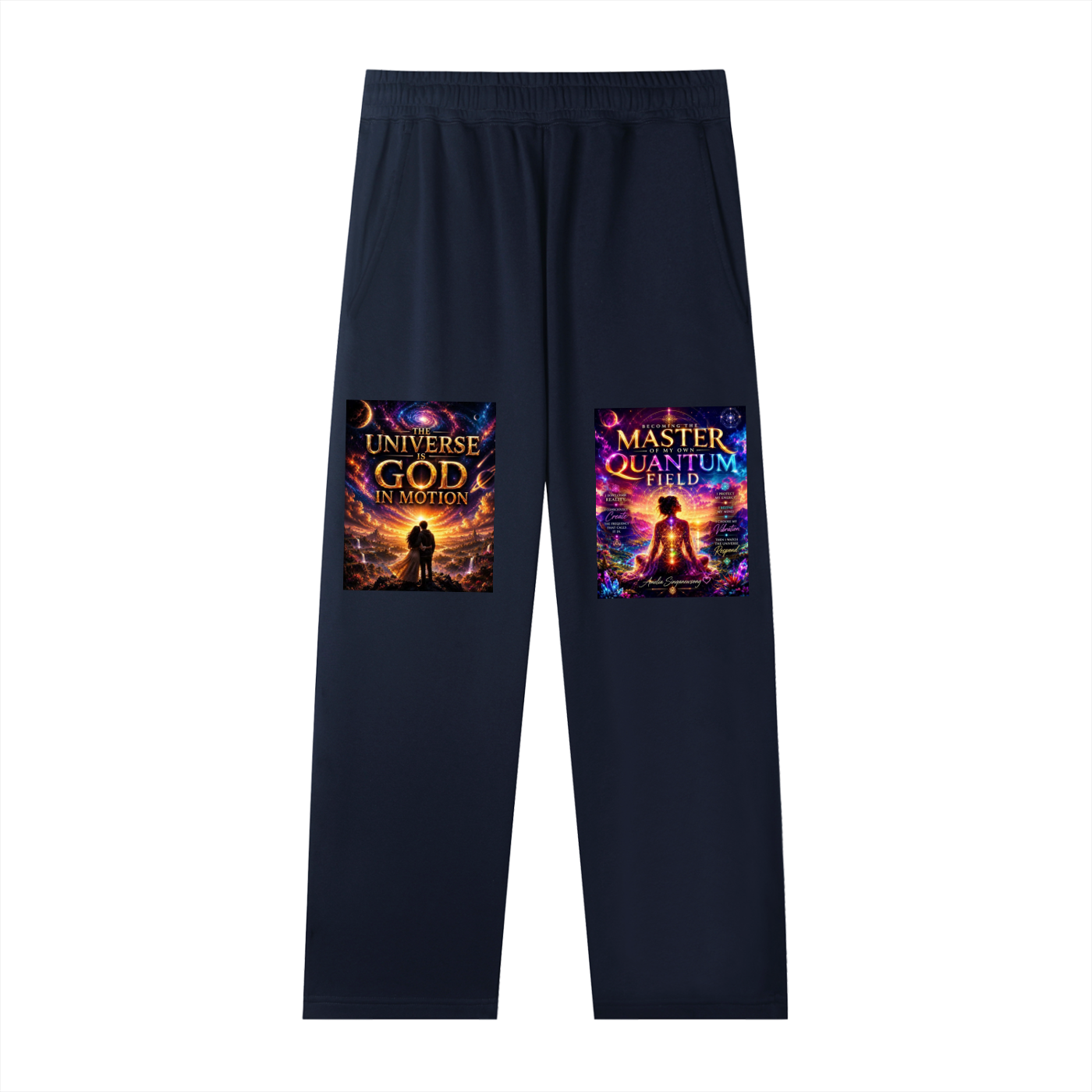Black pants with graphic designs on a white background