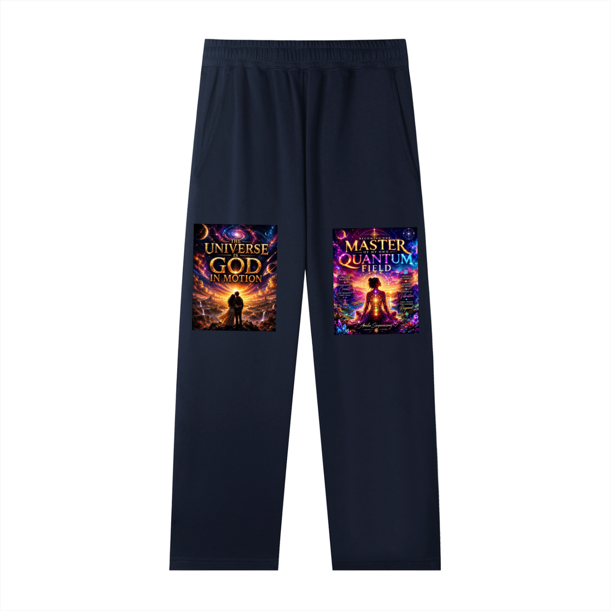 Black pants with graphic designs on a white background