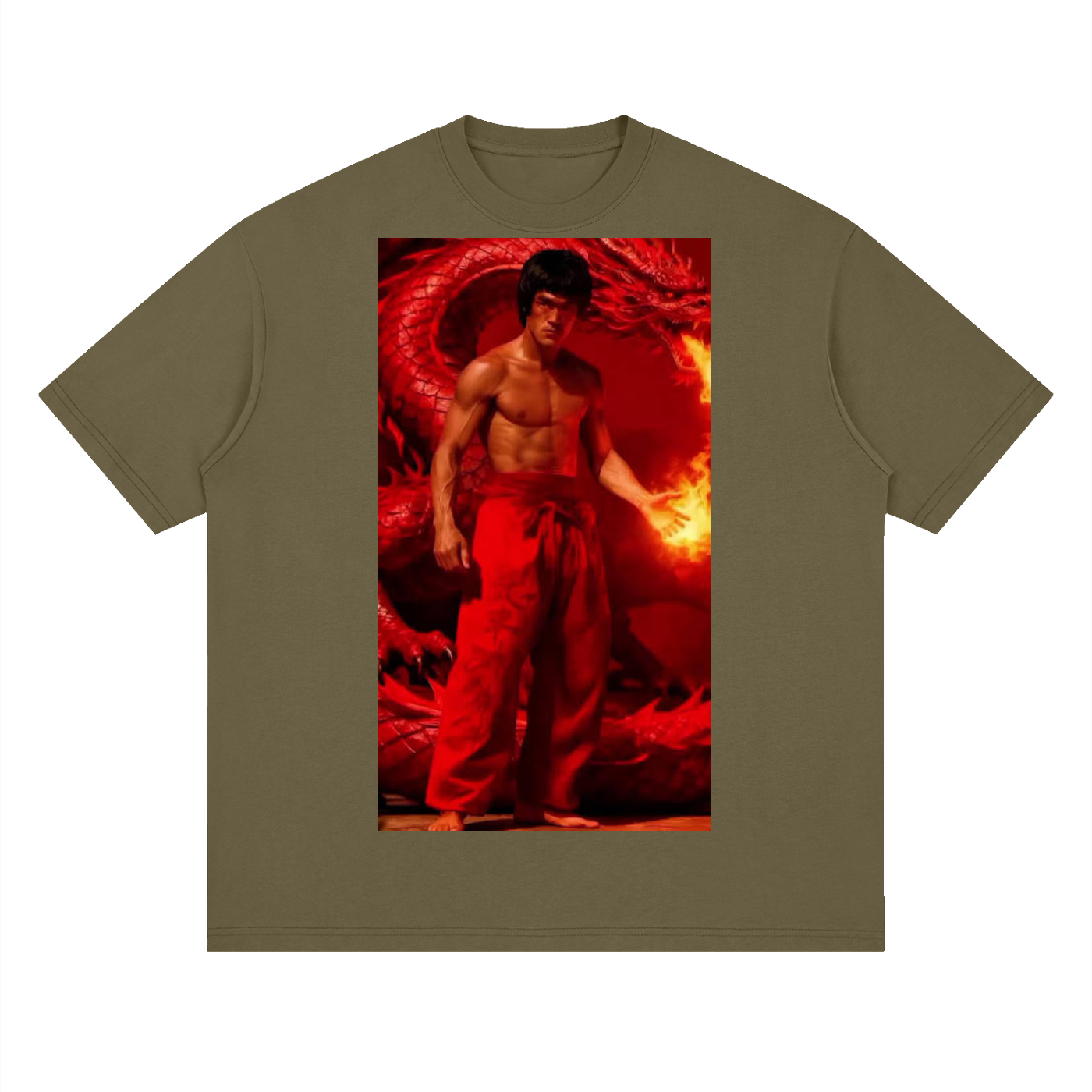 Green t-shirt with a graphic of a shirtless man in red robes on a white background