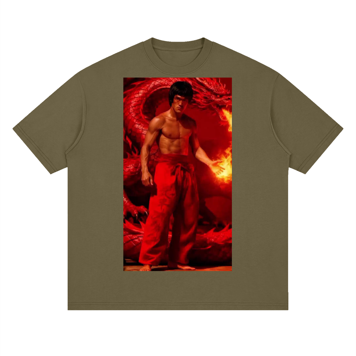 Green t-shirt with a graphic of a shirtless man in red robes on a white background