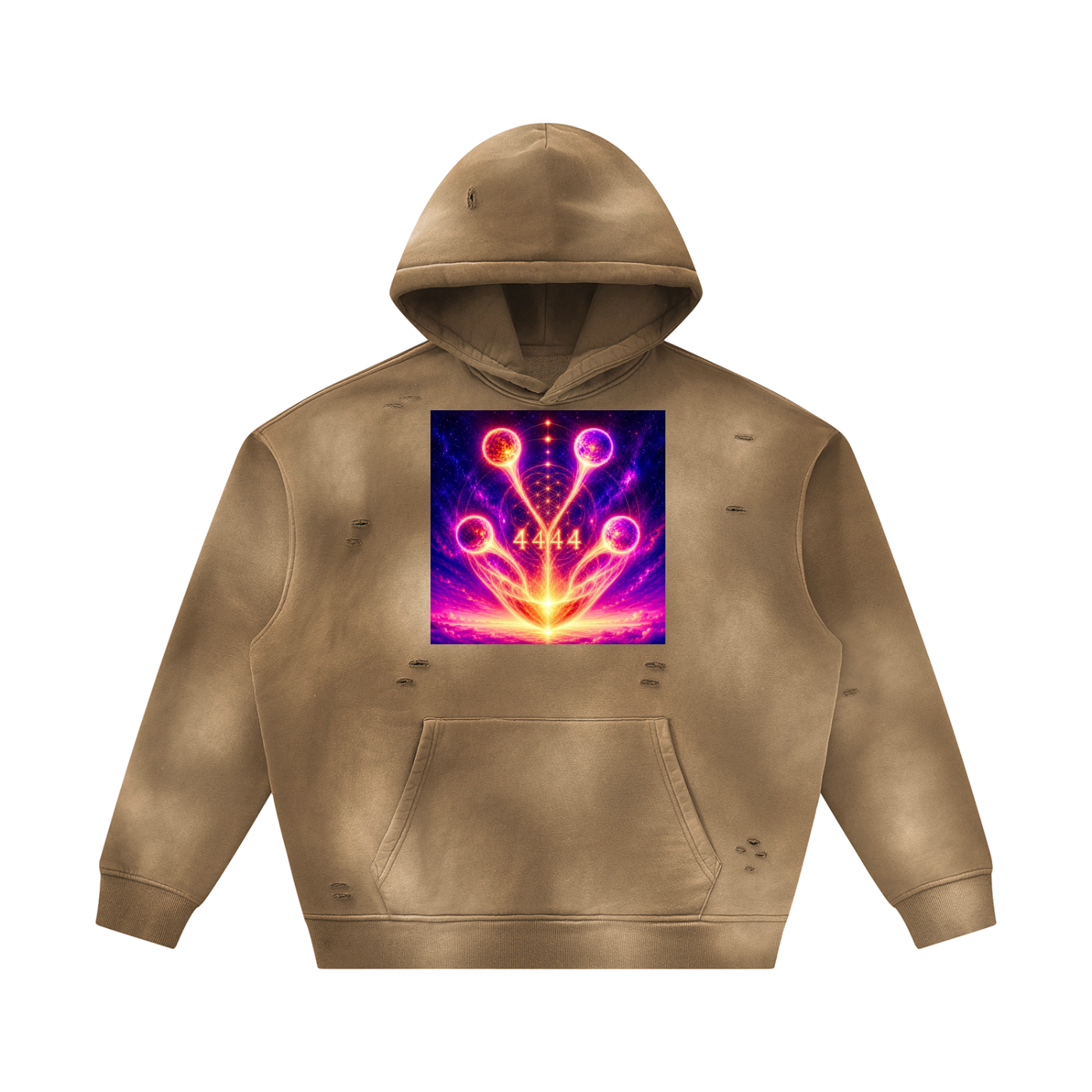 A distressed tan hoodie with a colorful, glowing abstract graphic on the chest, displayed on a solid white background.