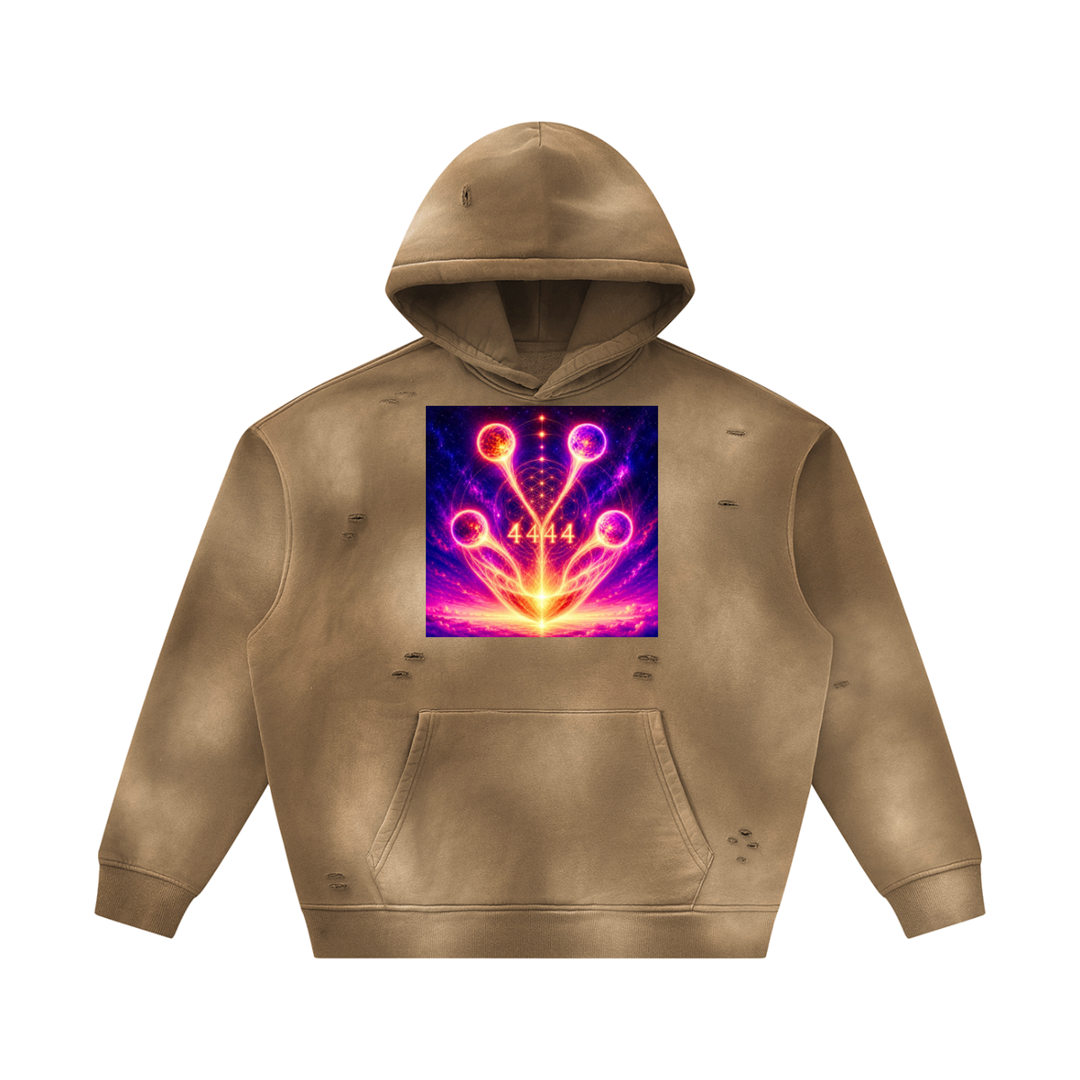 A distressed tan hoodie with a colorful, glowing abstract graphic on the chest, displayed on a solid white background.