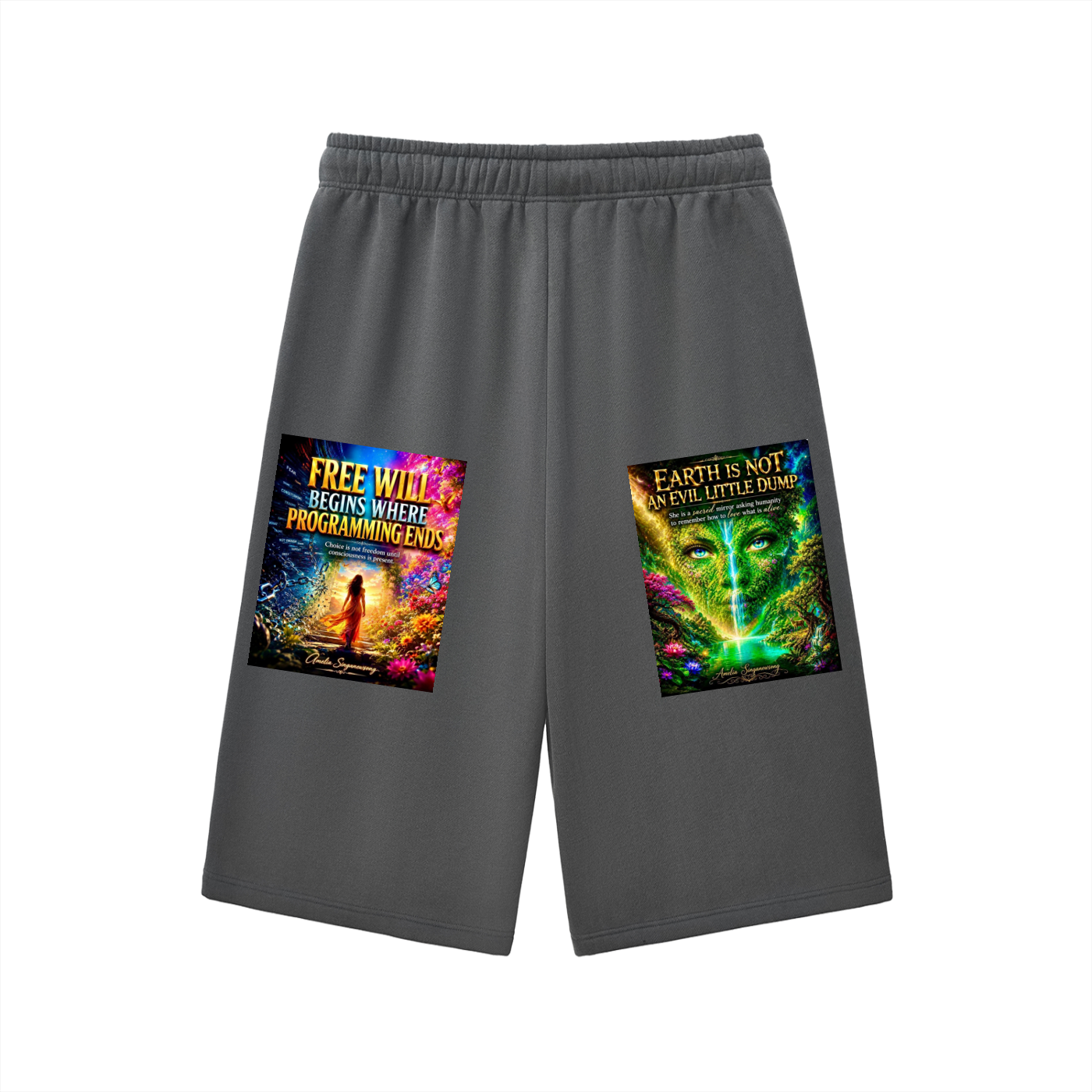 Gray shorts with graphic designs on a white background