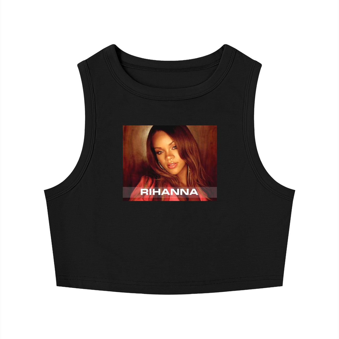 Black tank top with a graphic of Rihanna on a white background