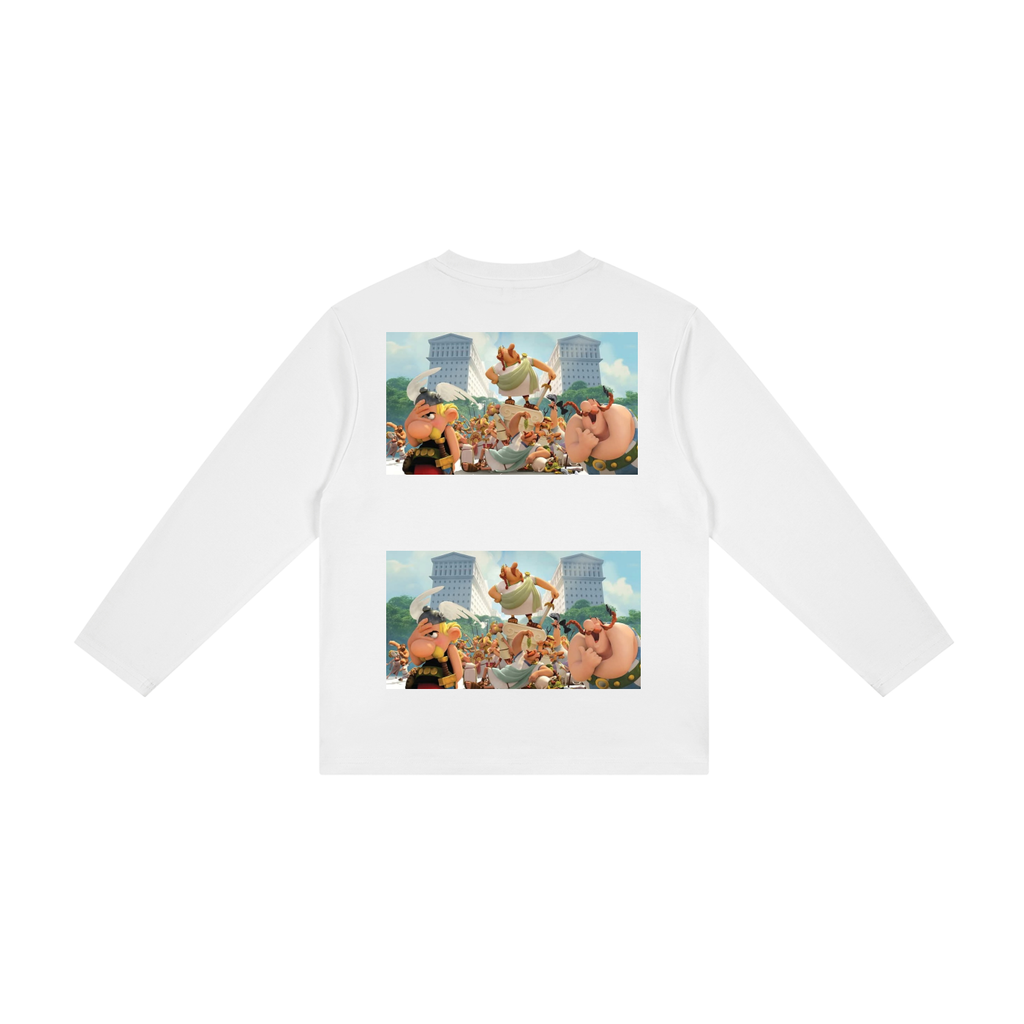 White long-sleeve shirt with graphic designs on the back