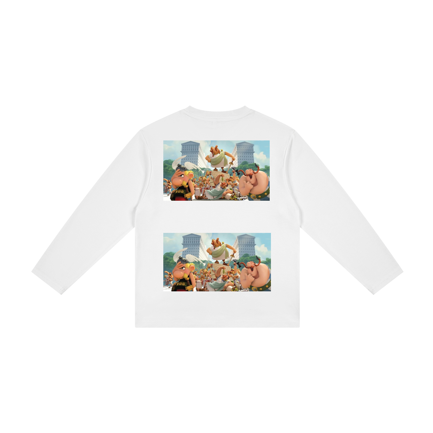 White long-sleeve shirt with graphic designs on the back