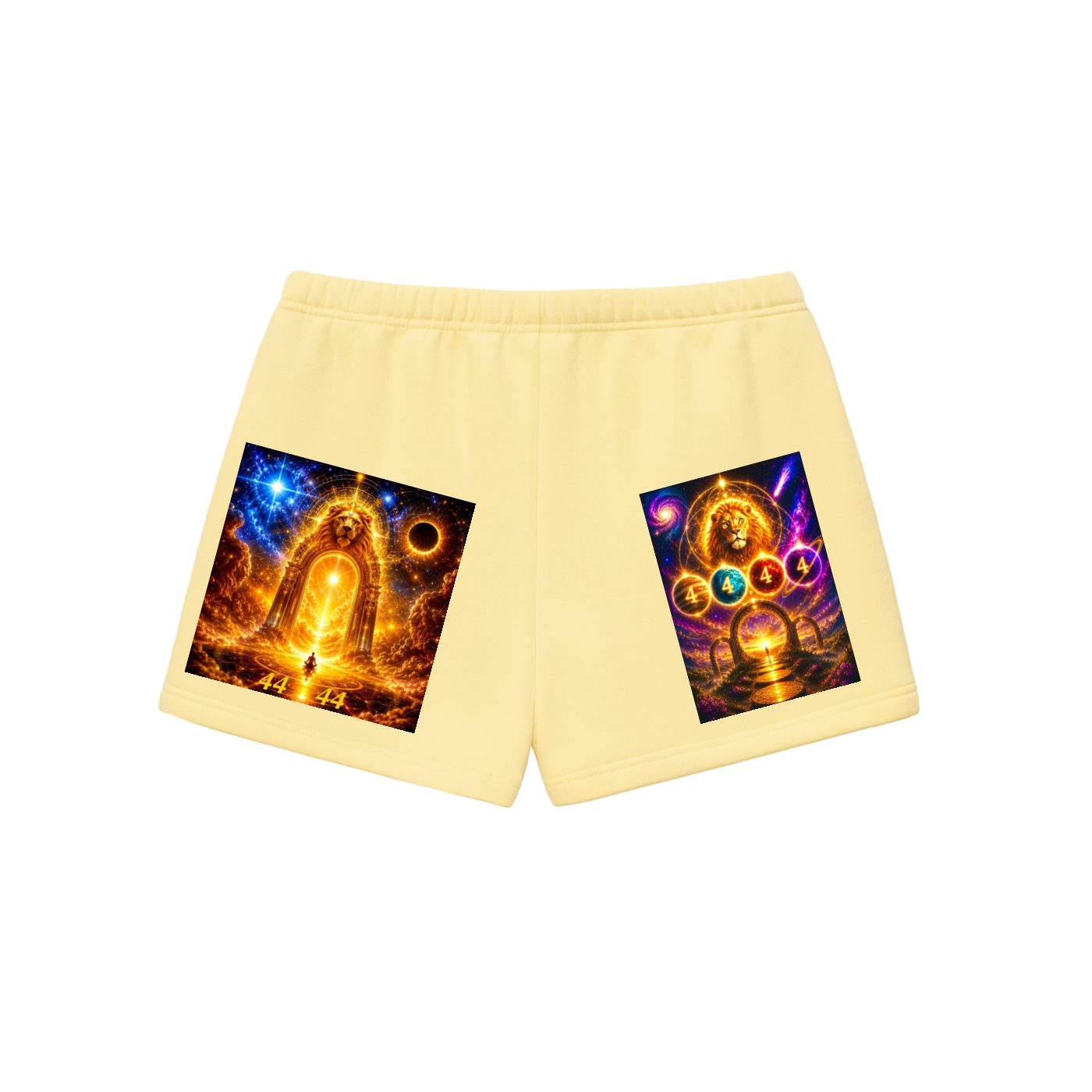 Light yellow athletic shorts with two large, colorful graphic prints on the front, displayed against a solid white background.