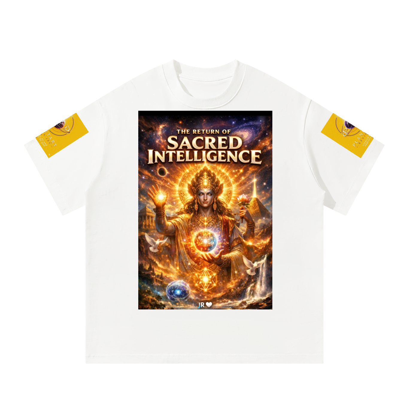 A white short-sleeve t-shirt with a large, detailed graphic print on the front reading 'THE RETURN OF SACRED INTELLIGENCE'. The graphic depicts a glowing, golden figure surrounded by mystical symbols and cosmic elements.