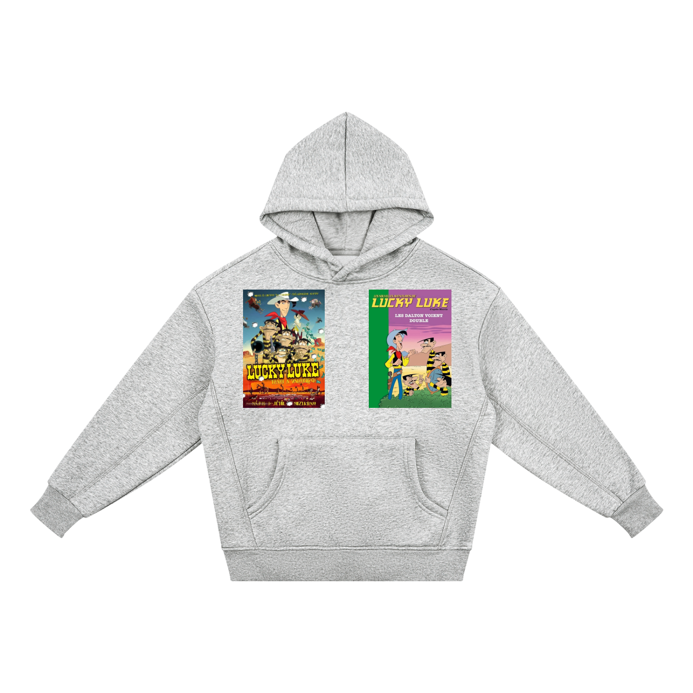 A light heather gray pullover hoodie with two colorful graphic prints on the chest, displayed against a solid white background.