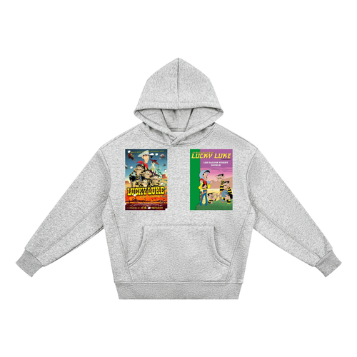 A light heather gray pullover hoodie with two colorful graphic prints on the chest, displayed against a solid white background.