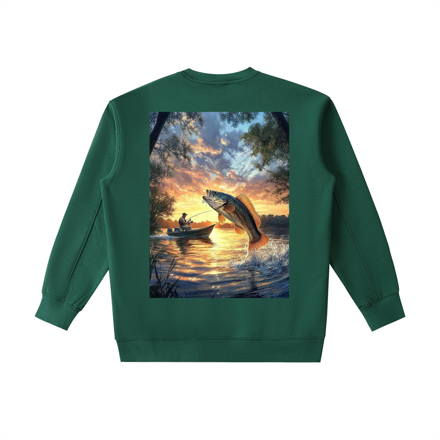 Green sweatshirt with a fishing scene print on the back, featuring a fish leaping out of water at sunset.