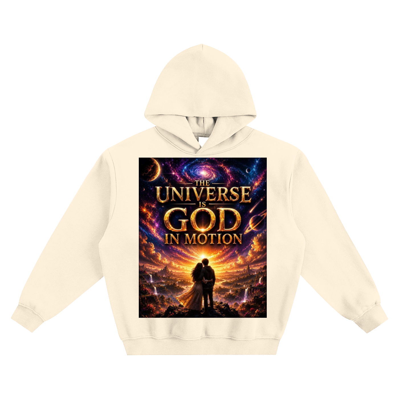 Beige hoodie with a graphic design of two people standing in front of a cosmic background with text 'The Universe is God in Motion'.