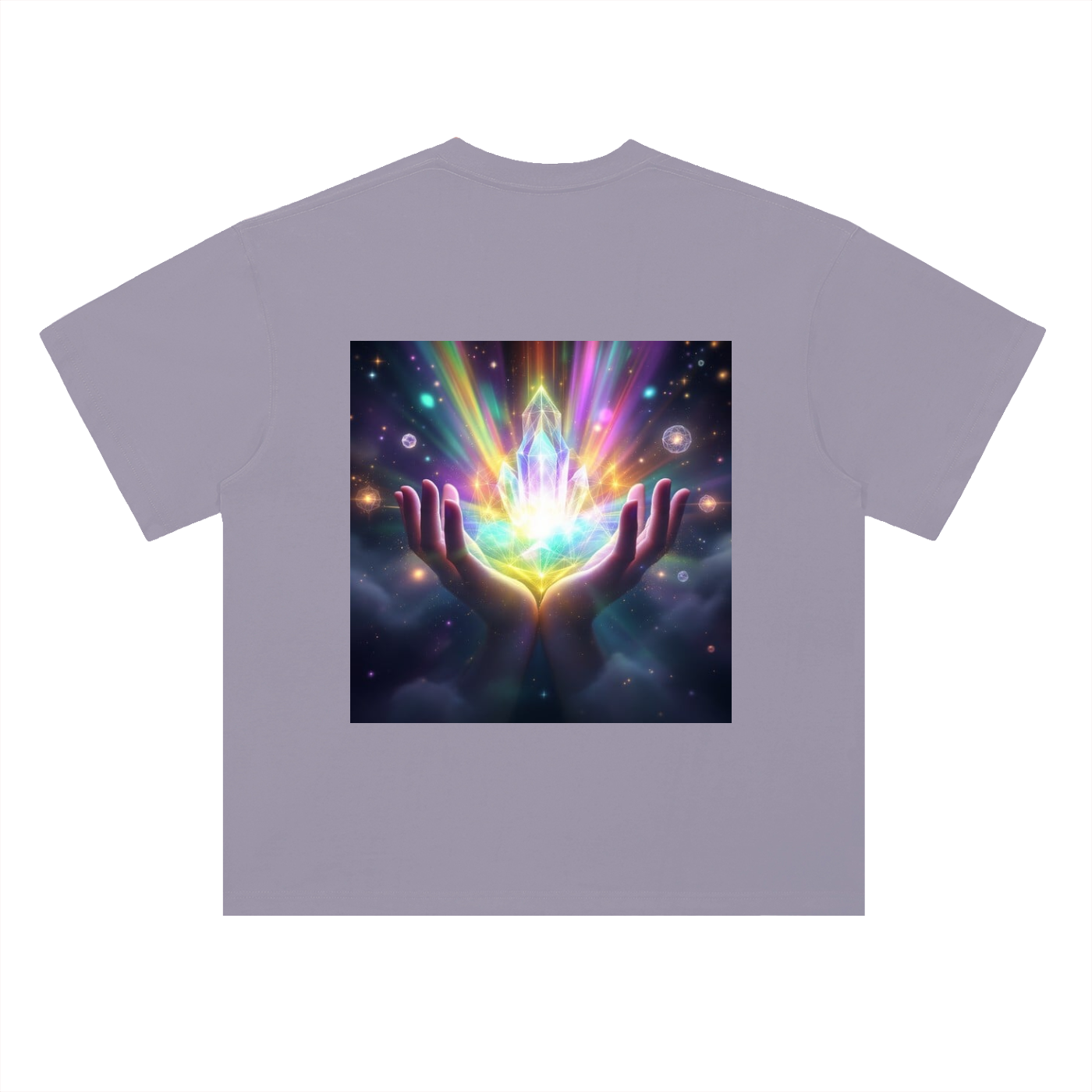 Light purple t-shirt with a colorful design of hands holding a radiant crystal on a white background