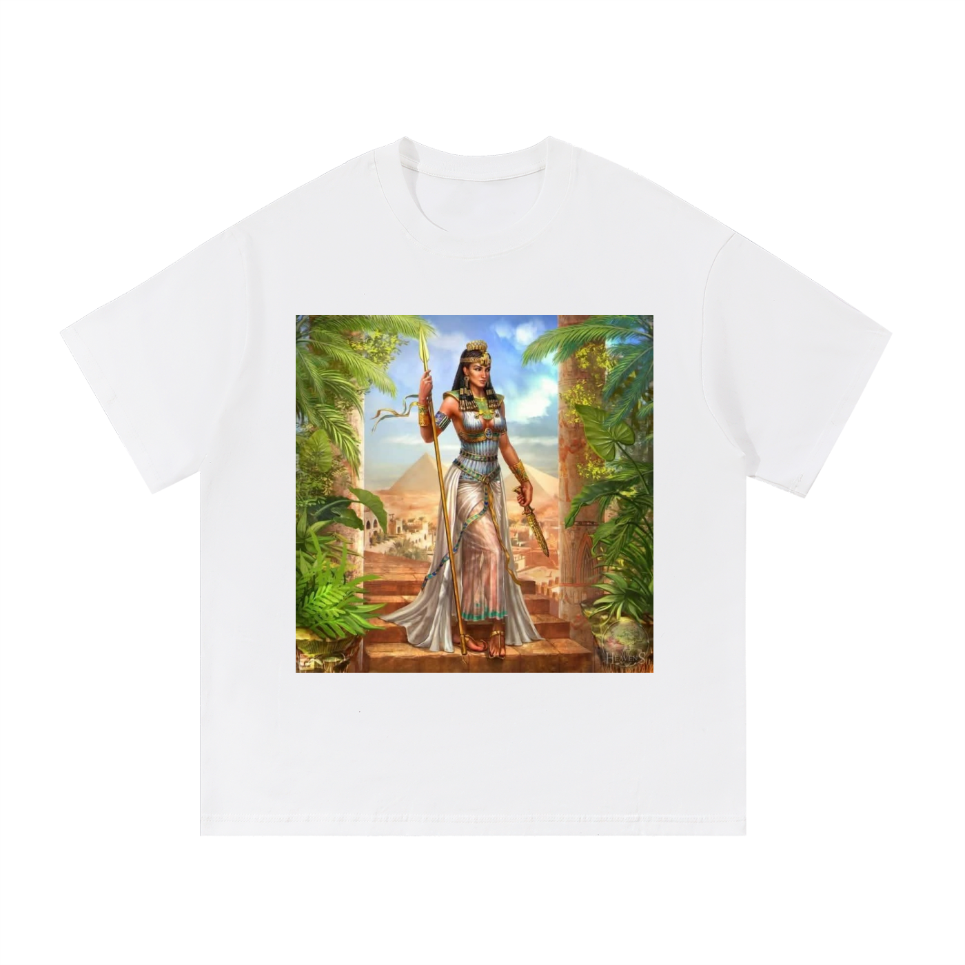 White t-shirt with an Egyptian-themed graphic on a white background