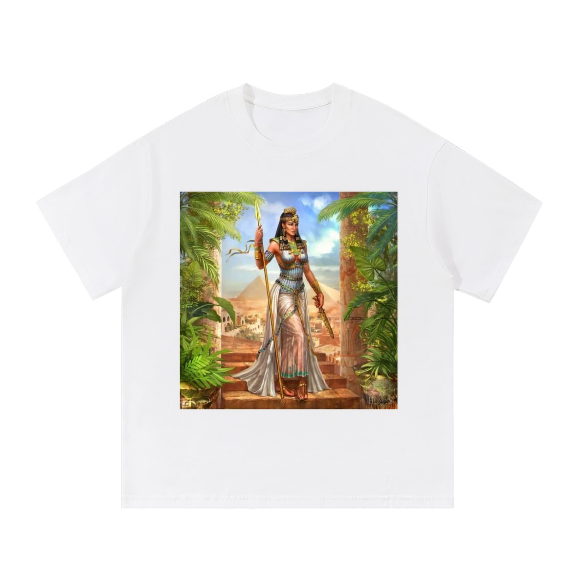 White t-shirt with an Egyptian-themed graphic on a white background