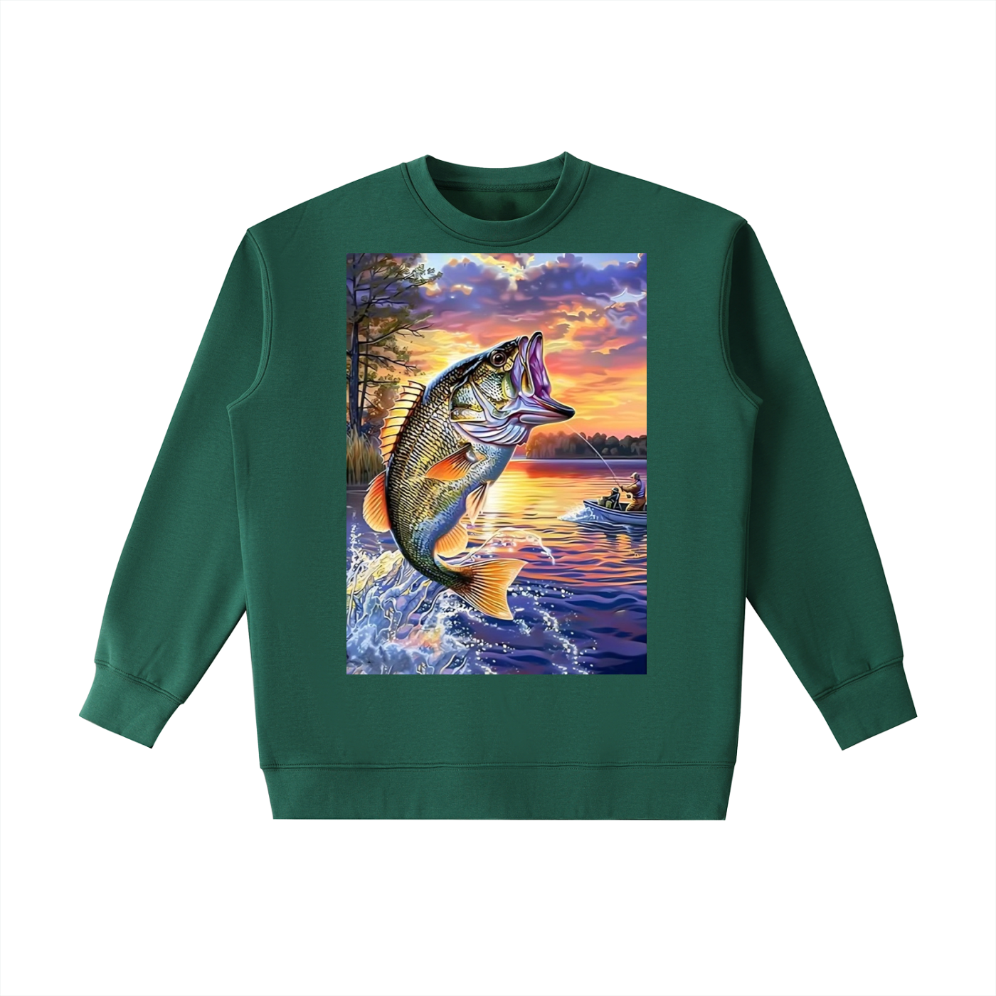 Green sweatshirt with a fish and sunset design on a white background
