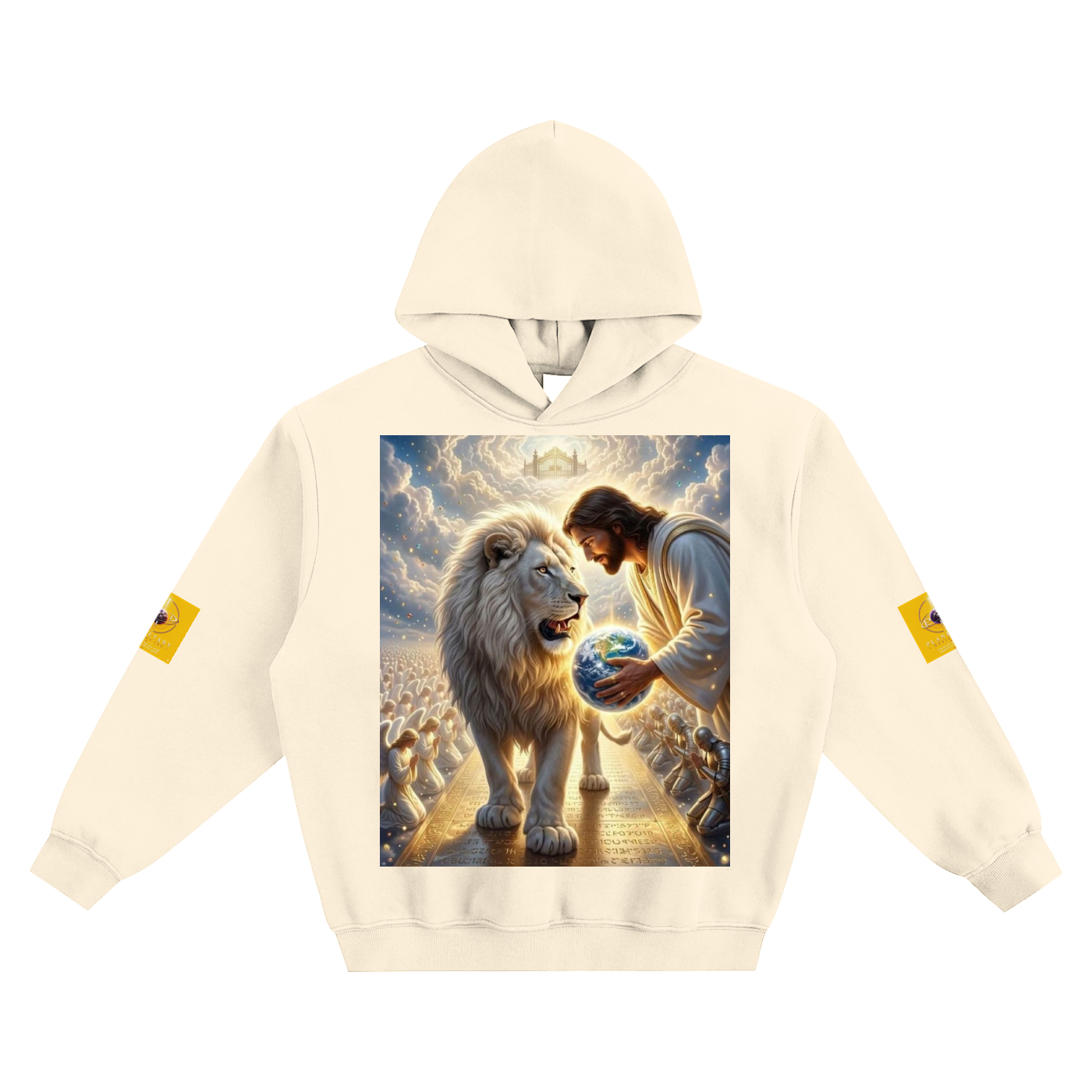 Beige hoodie with a graphic of a man holding a globe and a lion on a white background