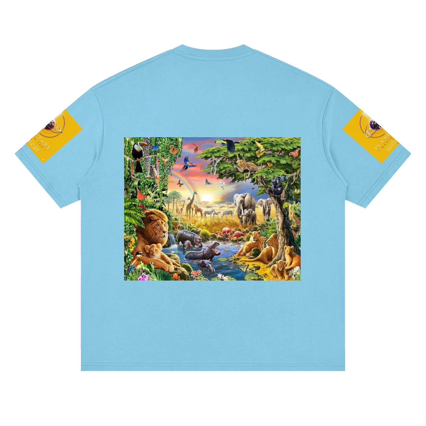 Light blue t-shirt with a colorful animal scene on the back, on a white background
