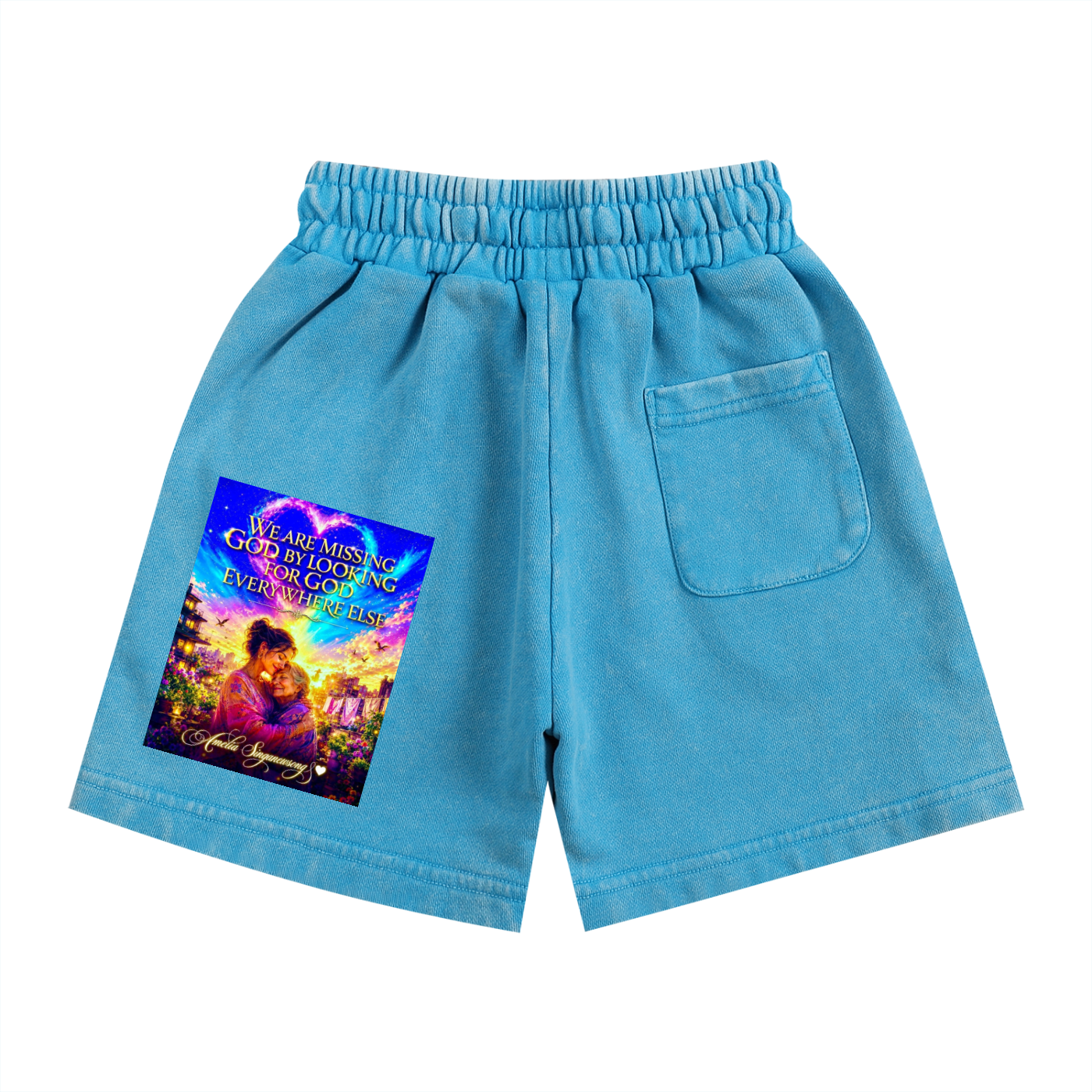 Blue shorts with a colorful graphic on a white background