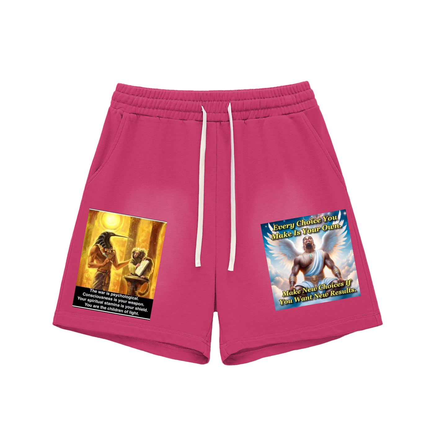 Pink shorts with graphic designs on a white background