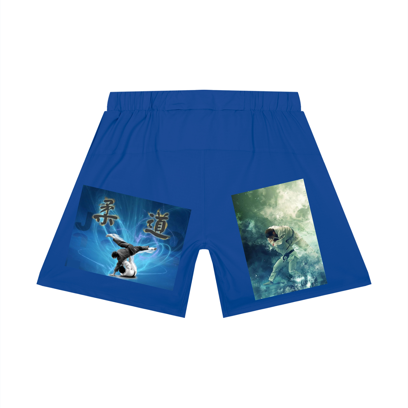 Blue shorts with martial arts-themed graphics on a white background