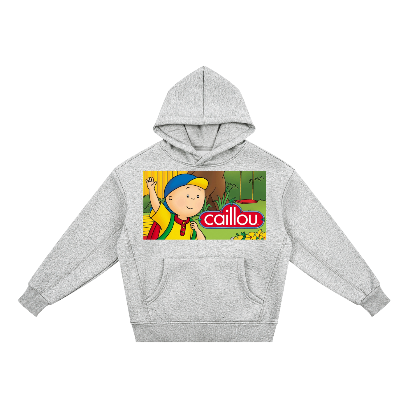 Gray hoodie with Caillou logo on a white background