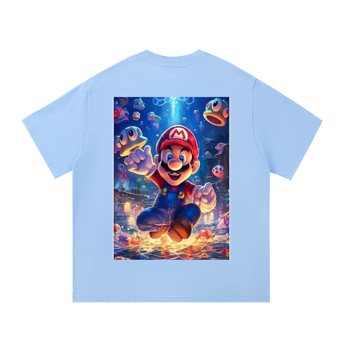 Light blue t-shirt with a colorful graphic of a character in a underwater scene on the back.