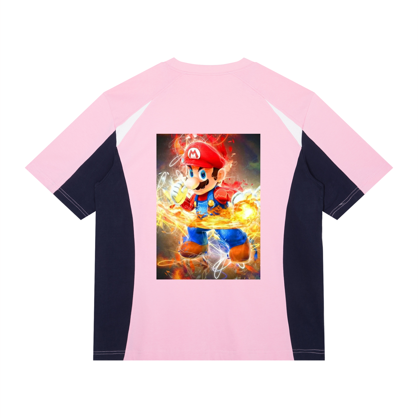 Pink and black long-sleeve shirt with a graphic of a character in the center on a white background