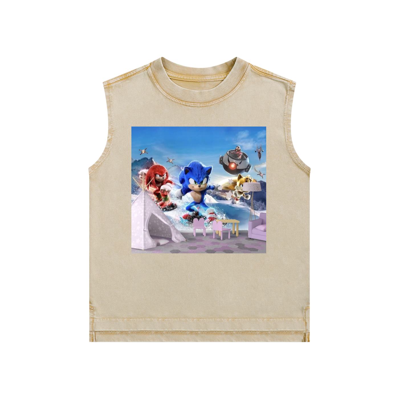 Beige sleeveless shirt with an animated character design on a white background