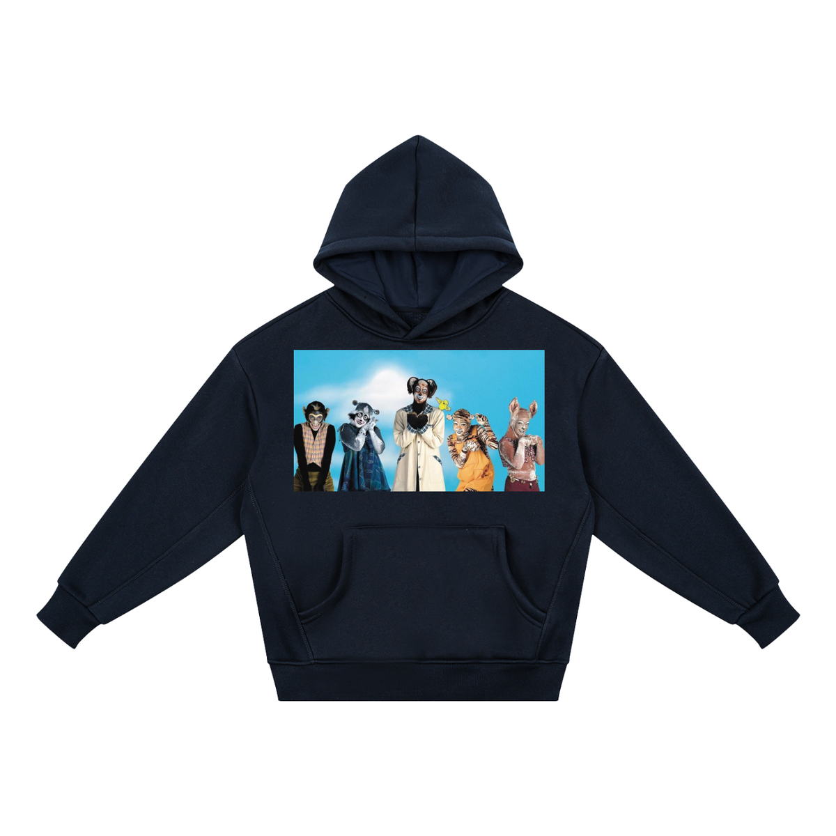 A navy blue kids' pullover hoodie with a front kangaroo pocket and a large rectangular graphic print on the chest showing cartoon characters against a blue sky, displayed on a solid white background.