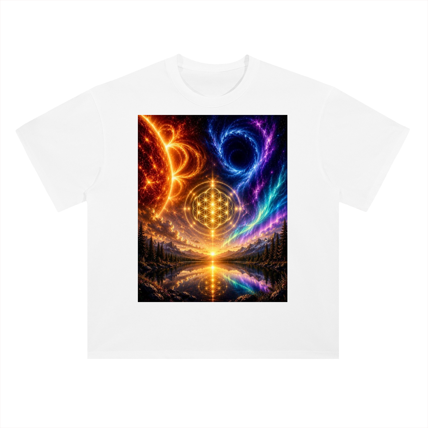 White t-shirt with a colorful abstract design featuring swirling colors and a central symbol on a white background.