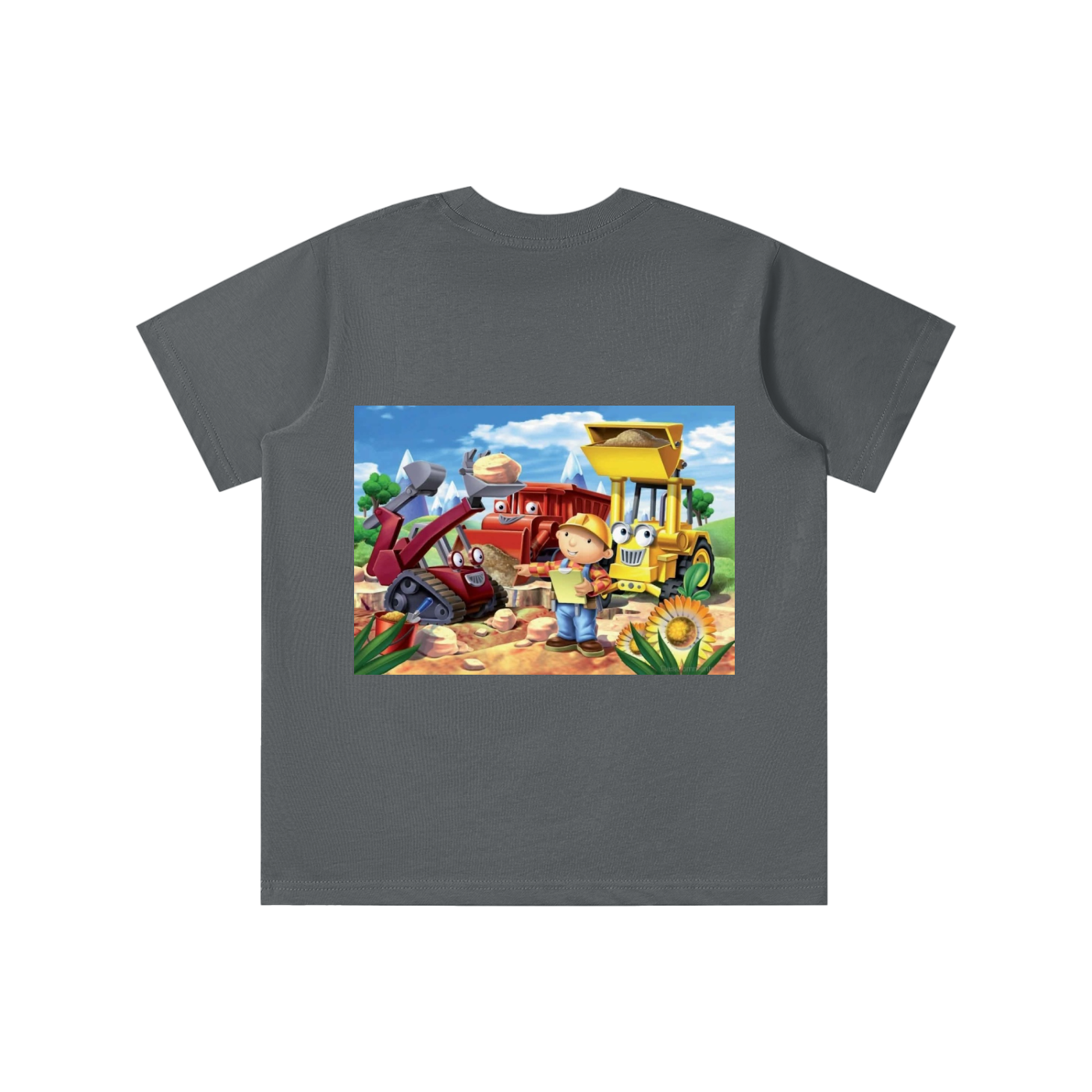 Gray t-shirt with a colorful graphic of construction vehicles and a child on a white background