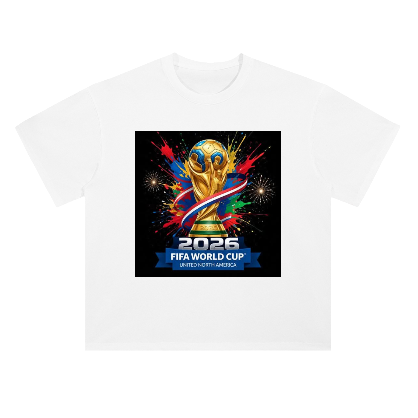 White t-shirt with FIFA World Cup 2026 logo on a white background