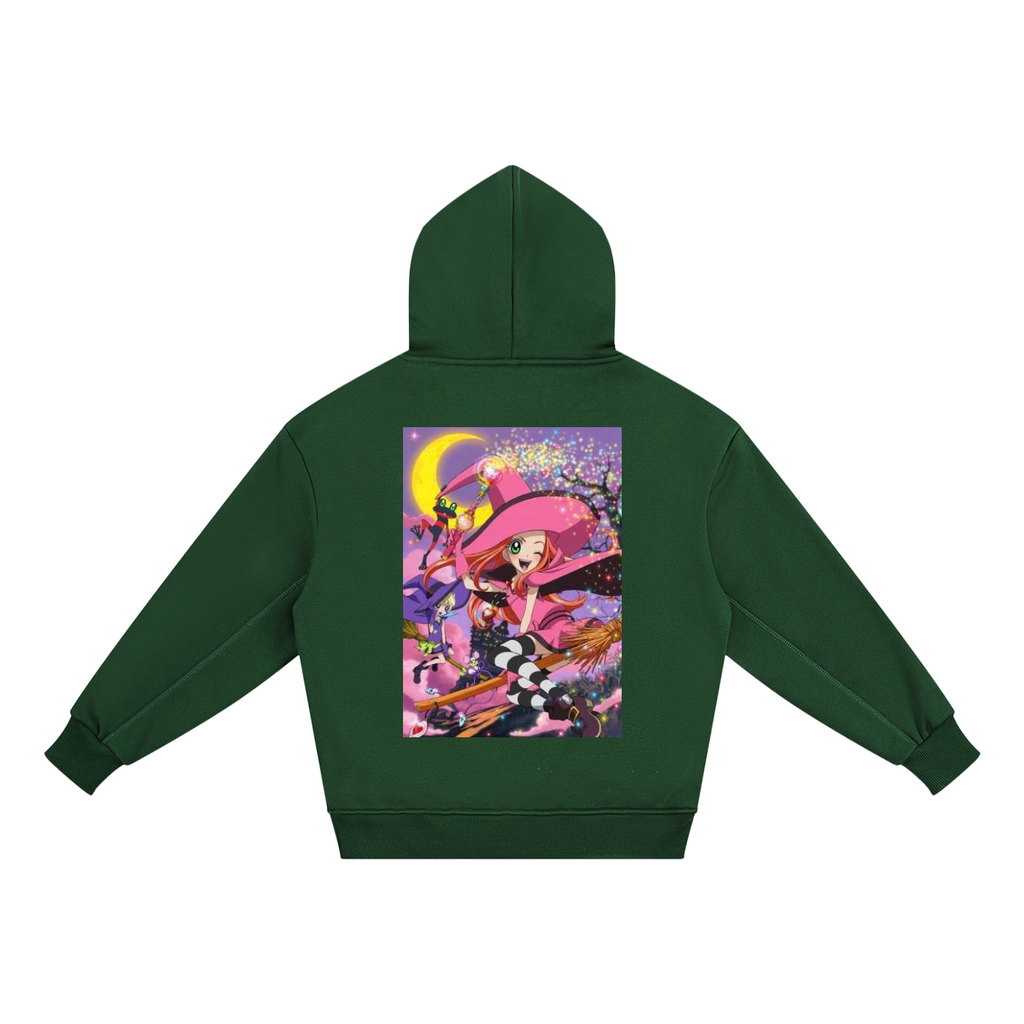 A dark green pullover hoodie shown from the back, featuring a large, colorful anime-style graphic print of a witch character on a pink and purple background.
