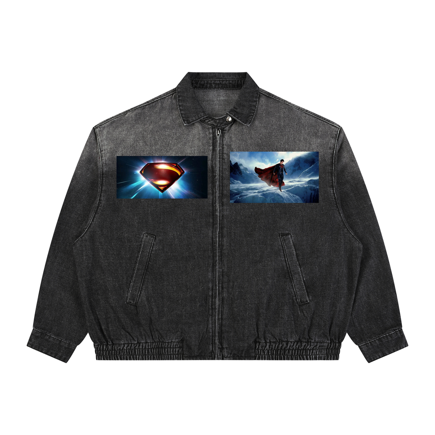 Black denim jacket with Superman logo on the chest and a superhero graphic on the back against a white background