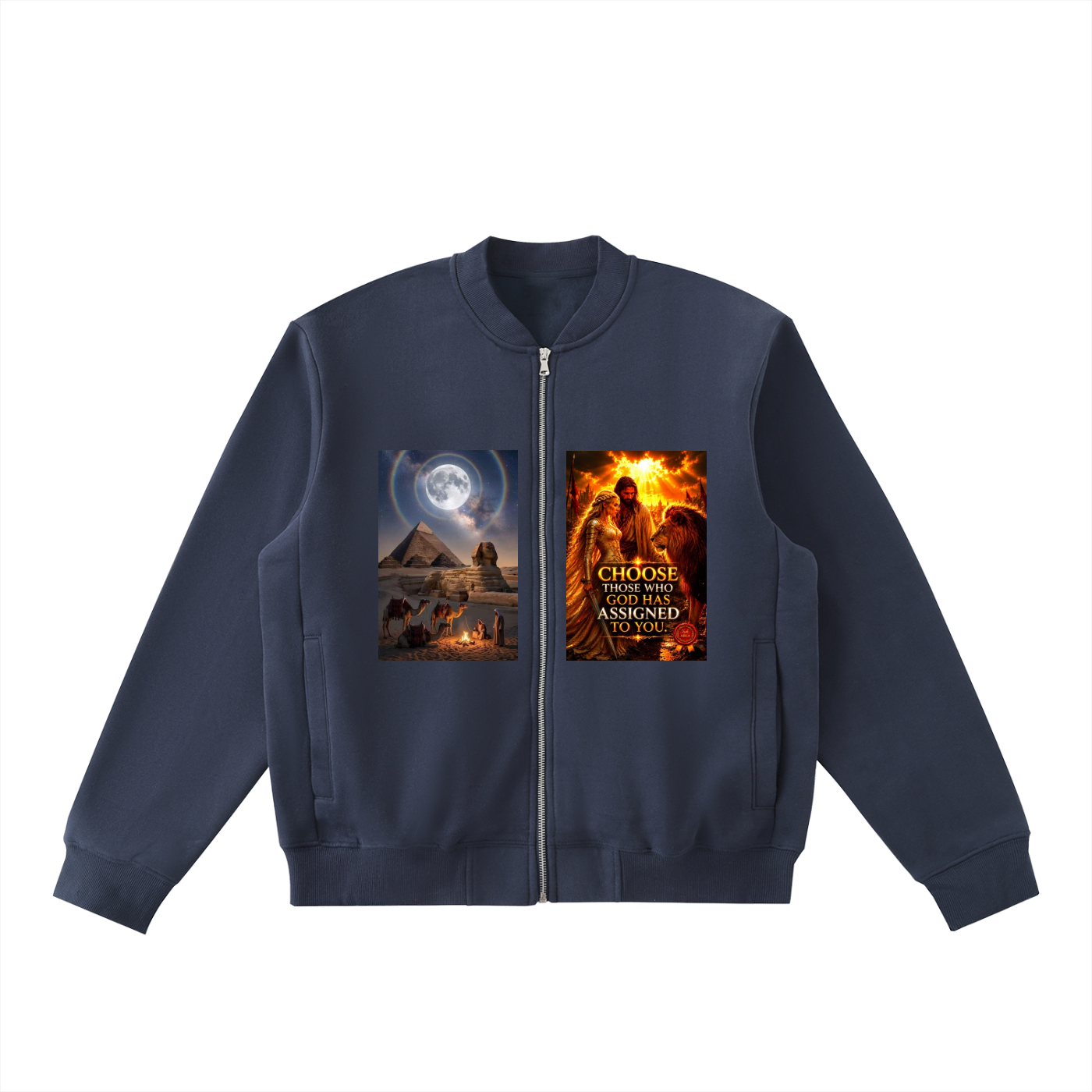 A navy blue zip-up bomber jacket with two graphic prints on the chest, displayed against a solid white background.
