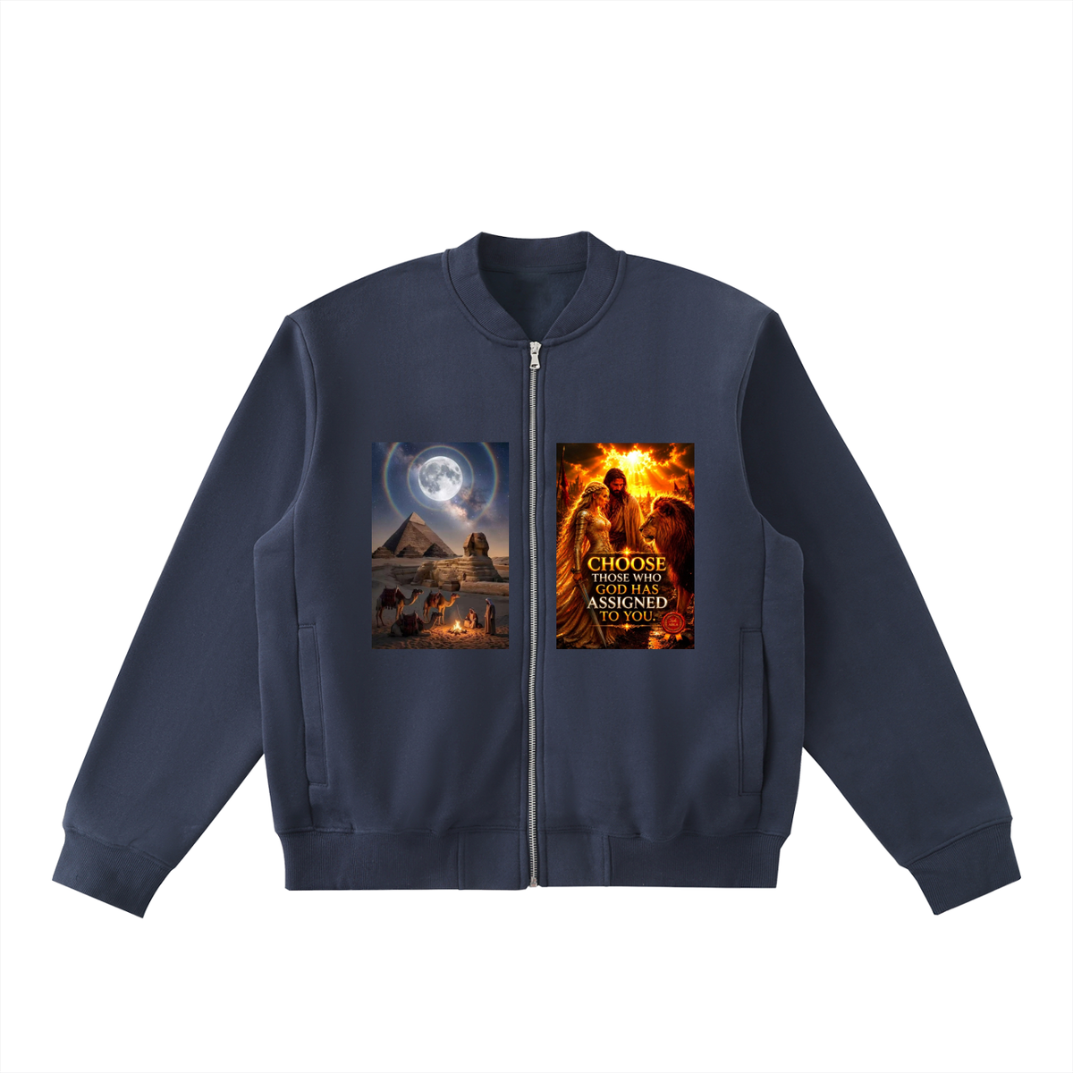 A navy blue zip-up bomber jacket with two graphic prints on the chest, displayed against a solid white background.