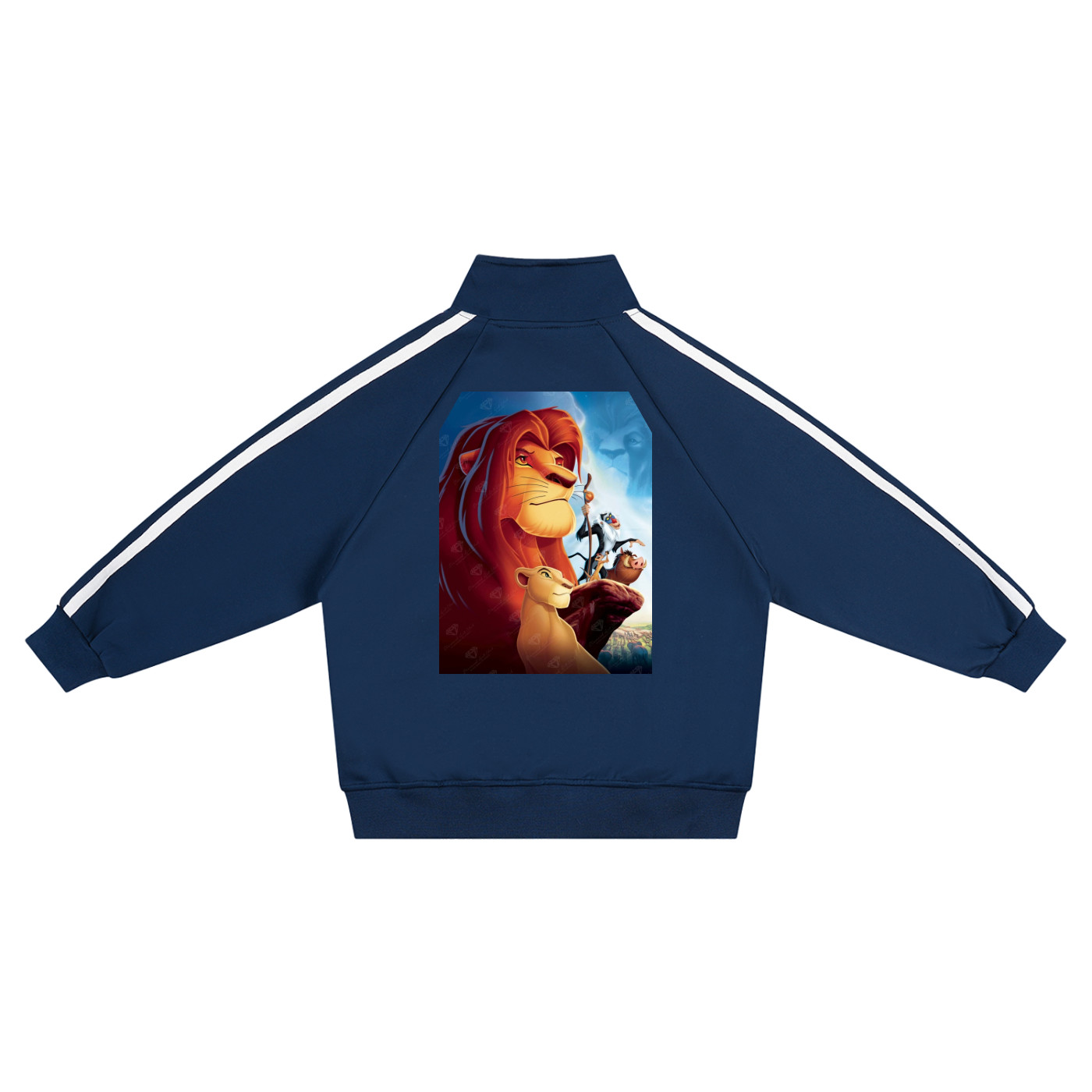 Navy blue tracksuit with 'The Lion King' design on a white background