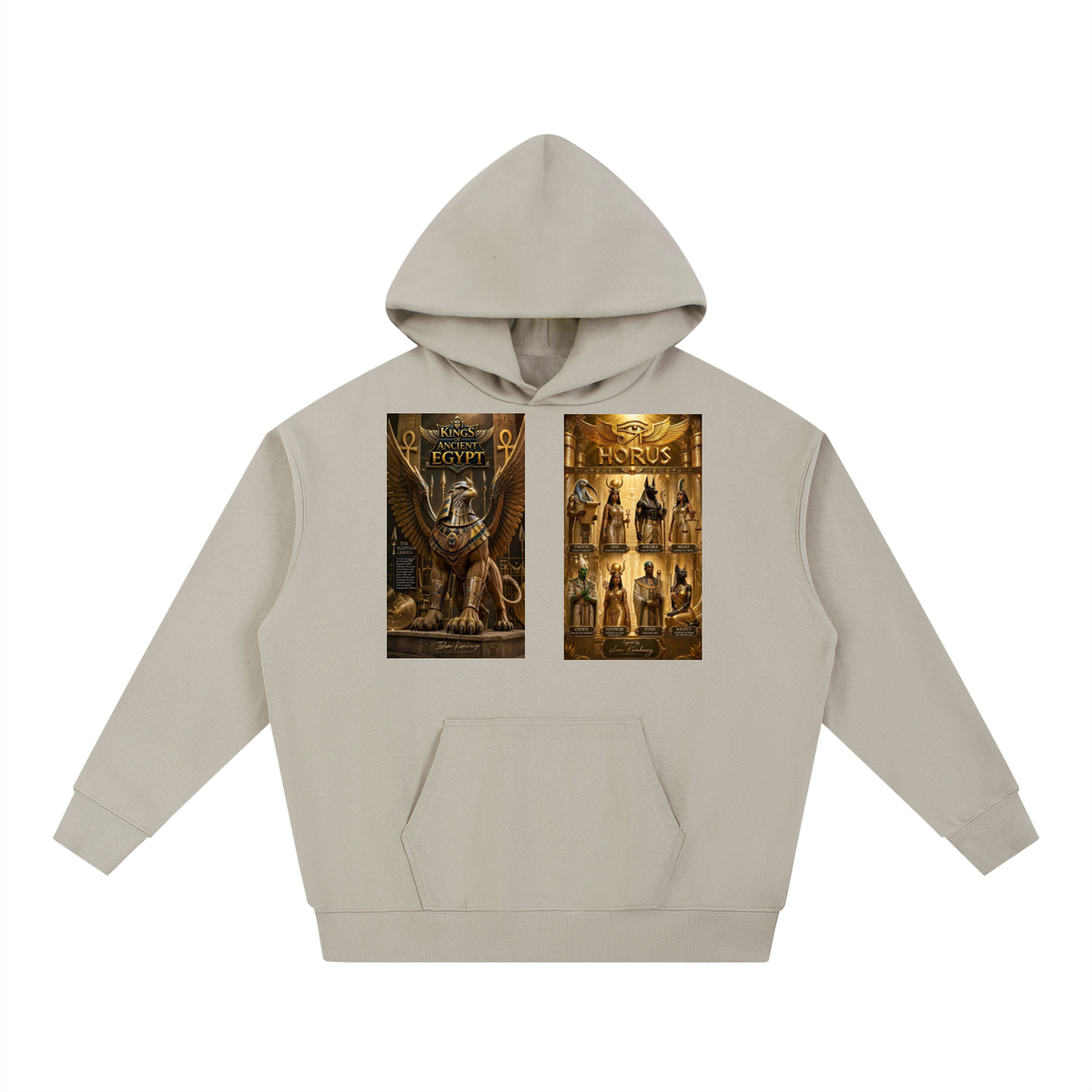 A light beige pullover hoodie with two rectangular graphic prints on the chest, displayed against a solid white background.