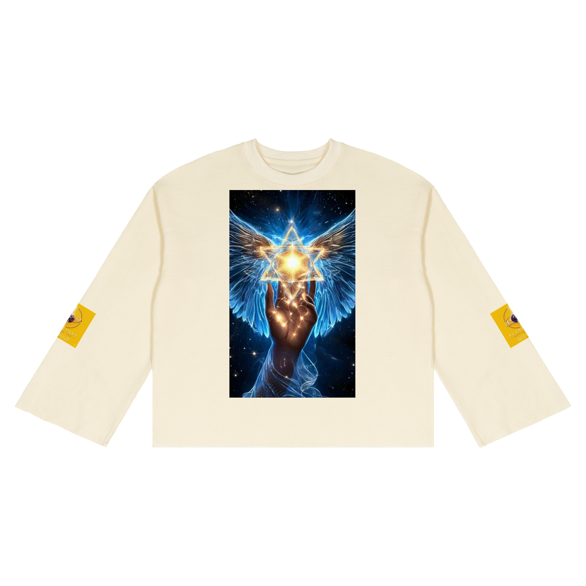An off-white long-sleeve crewneck sweatshirt featuring a large graphic print on the chest of a winged hand holding a glowing golden triangle against a starry blue background. Each sleeve has a small yellow graphic patch.