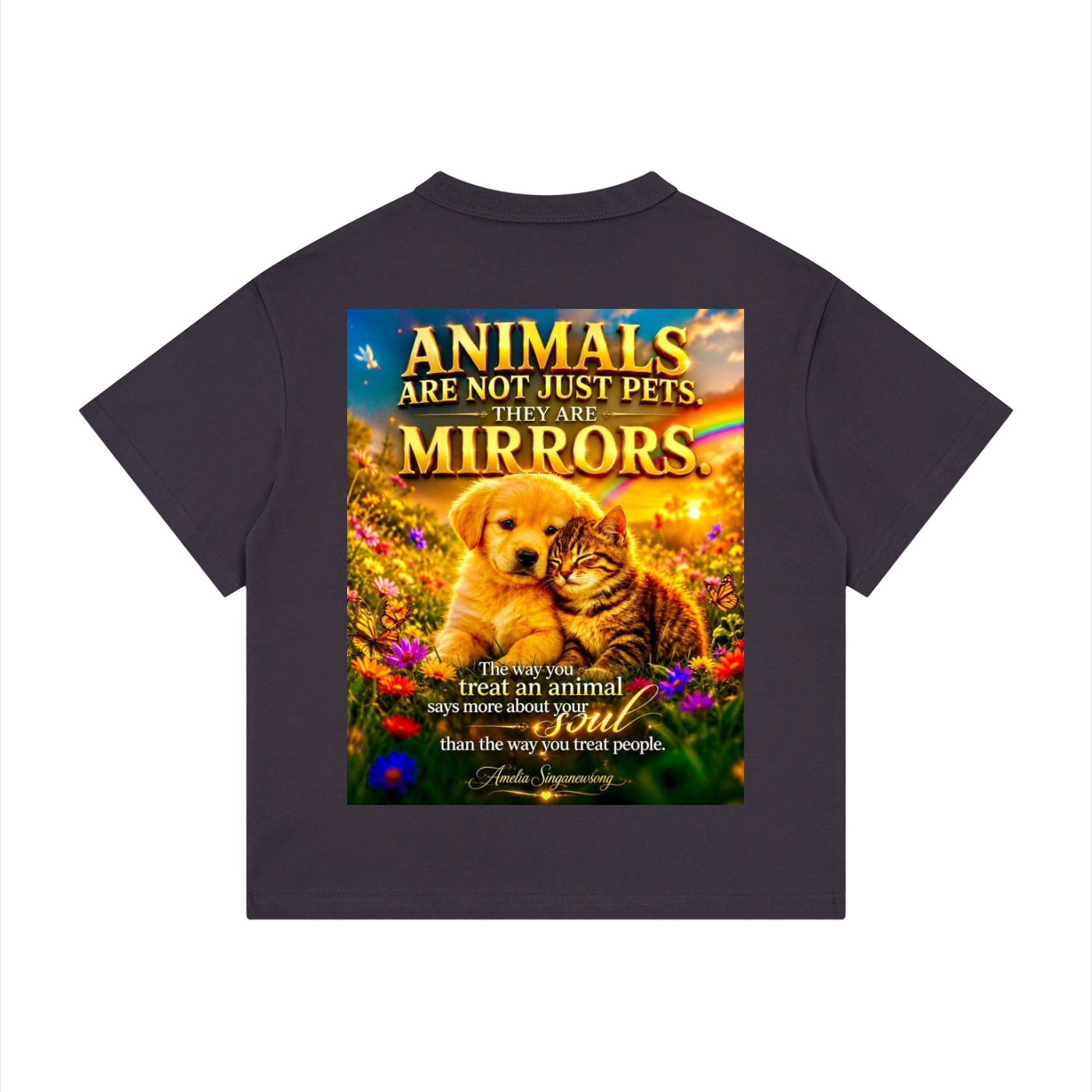 T-shirt with a graphic of a dog and cat in a field with a motivational quote on the back.