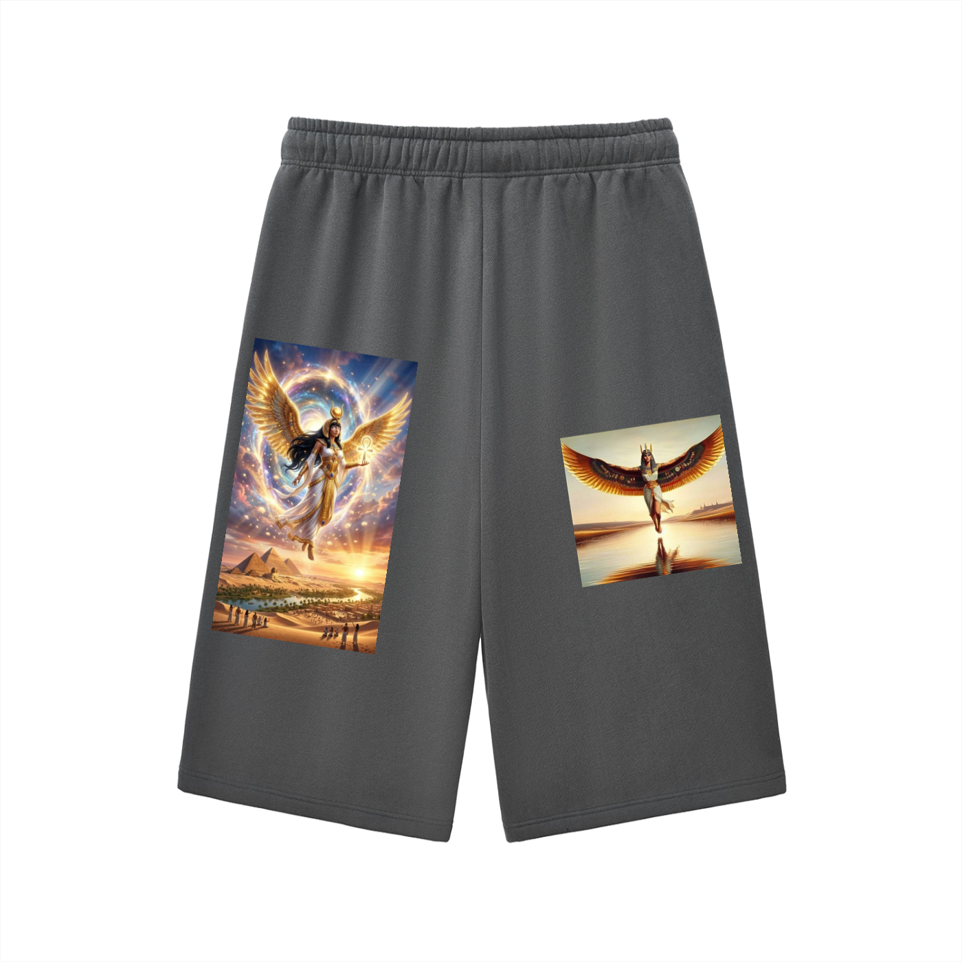 Dark gray athletic shorts with elastic waistband, featuring two colorful angel graphic prints on the front and side, shown against a plain white background.