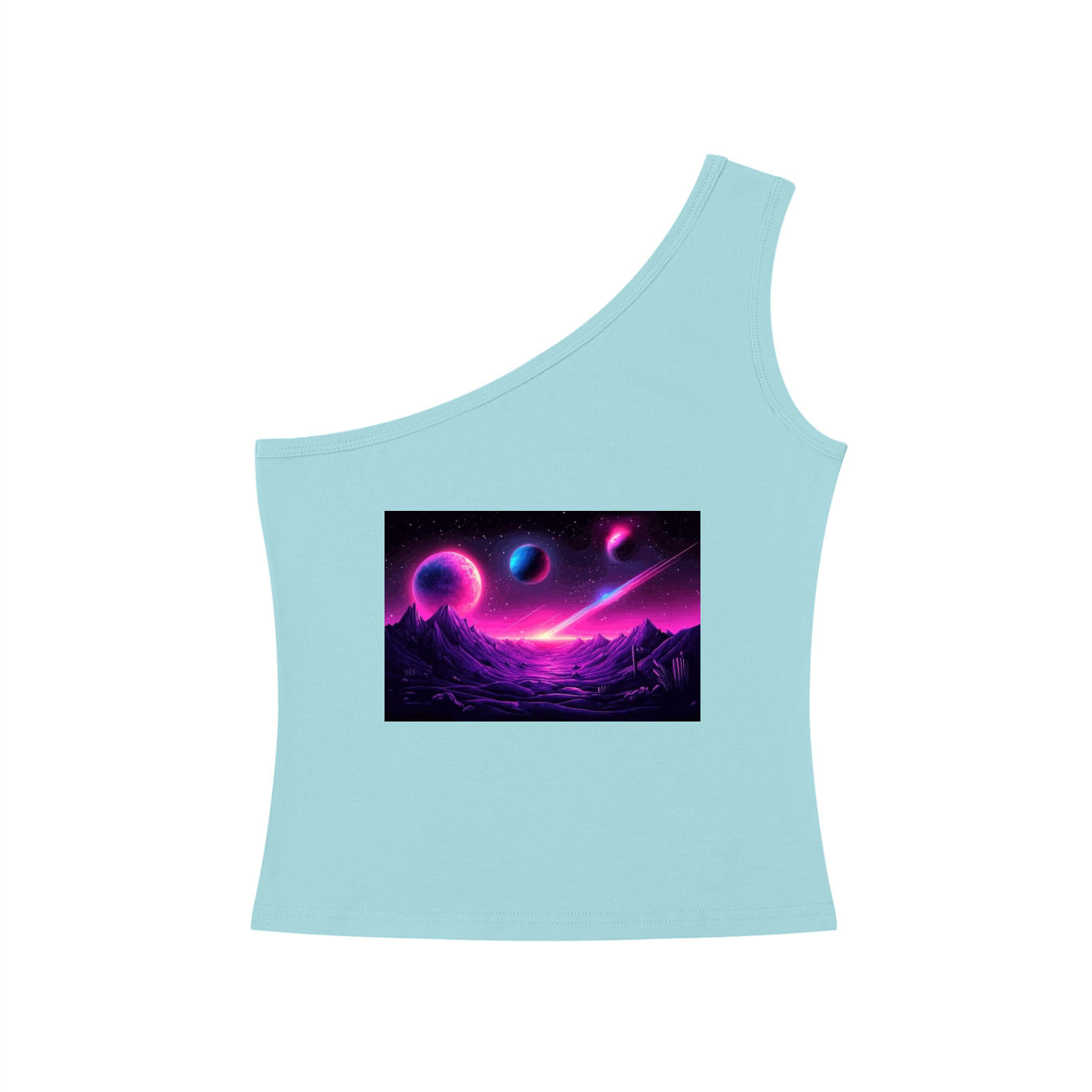 Light blue tank top with a space-themed graphic on a white background