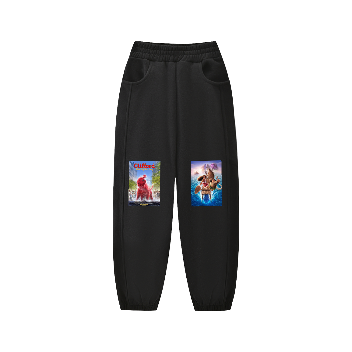 Black sweatpants with two colorful graphic patches on a white background