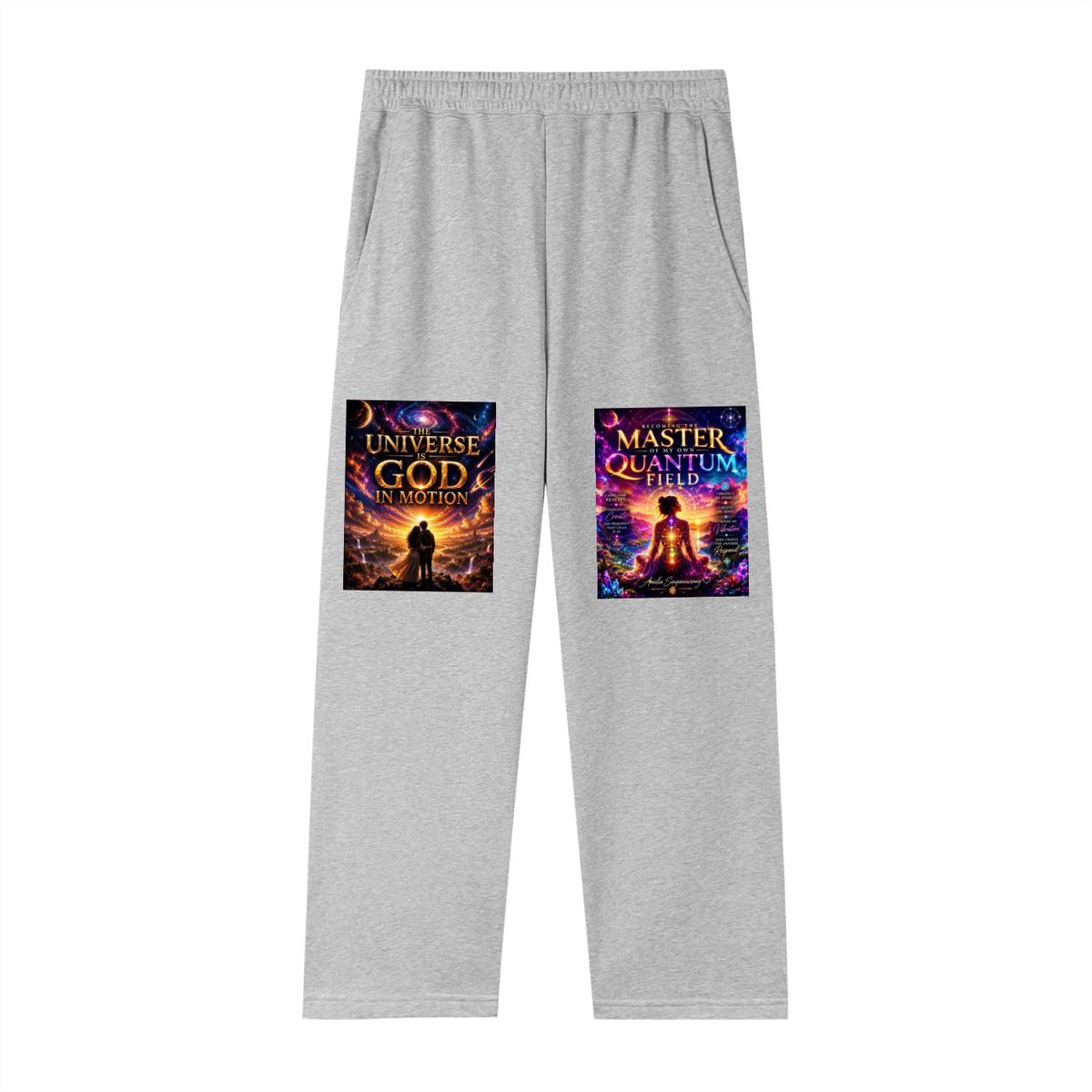 Gray sweatpants with 'Universe God in Motion' and 'Master Quantum' graphic designs on a white background