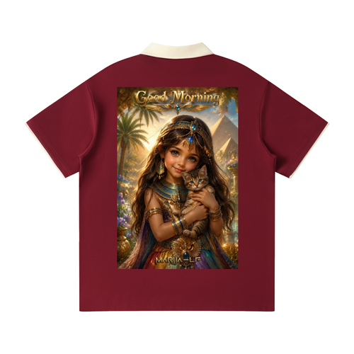 A maroon short-sleeve t-shirt with a cream collar, featuring a large rectangular graphic print on the back. Raglan sleeve polo shirt side view, contrast trim