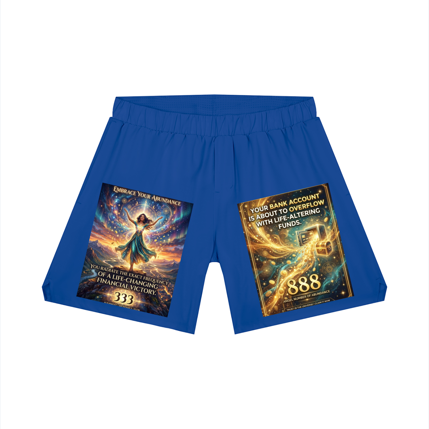 Blue athletic shorts with two large graphic prints on the front legs, displayed on a solid white background.