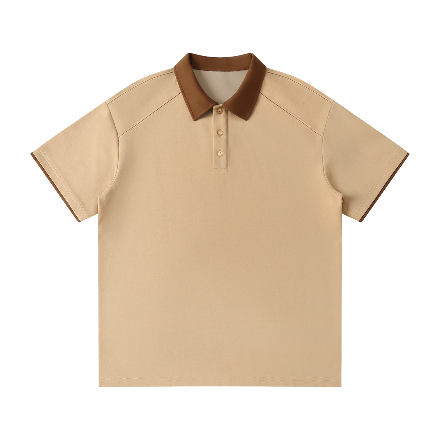 Beige polo shirt with brown collar on a white background